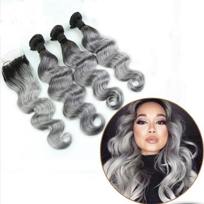 China Body Wave Ombre Hair Weave Brazilian Peruvian Indian Peruvian Virgin Hair Bundles With Silver Lace Top Closure Hair Extensions 1B/Grey for sale