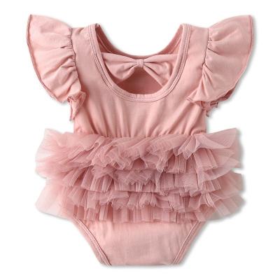 China Solid 100% Cotton Boutique Jumpsuit With Gauze Flutter Sleeve Toddler Kids Jumpsuit Ruffle Girls Kids Romperstulle Baby Romper for sale