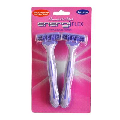 China Twin Blade rubber plastic razor brand ODM package colorful purple triple blades armpit hair body hair brand razor 4pcs energi for sale