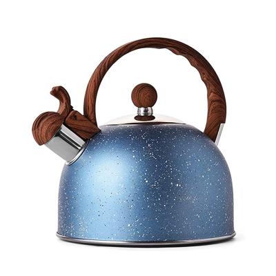 China Sustainable Custom Teapot 304 Stainless Steel Hot Water Stove Luxury Kettle Top Metal Whistling Kettle With Wood Pattern Handle for sale