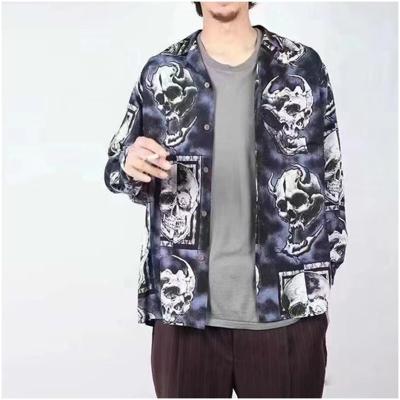 China Anti-pilling Available from stock 21AW Classic Skull Skull Loose Hawaiian Long Sleeve Shirt Men for sale