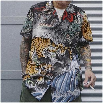 China Anti-pilling Spot supply 19SS dragon tiger duel Cuba collar casual Hawaiian printed short sleeved men's shirt for sale