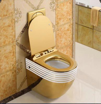 China Luxury Gold Ceramic Wall Mount Toilet One Piece WC Double-Flow Square WC Hanging Toilet for sale