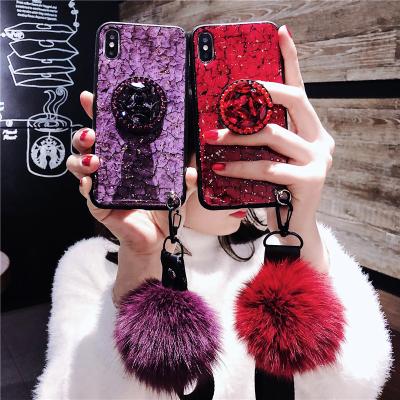 China With Stand Holder Glitter Diamond Marble Fox Plush Ball Glossy Hairy Epoxy Phone Case For Vivo iqoo 3 v15 S1 Pro Back Cover With Stand Holder for sale