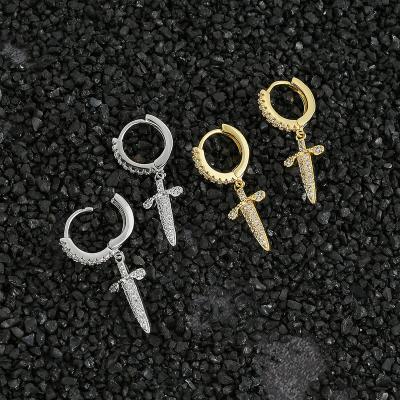 China High Quality Hip Hop Fashion Jewelry New Outlet Hiphop Ice Sword Zirconia Dagger Earring Full Iced Cubic Copper Gift For Party for sale