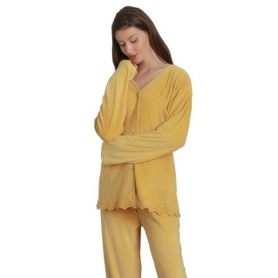 China Color Matching Ladies Velvet Sweatsuit Autumn And Winter Thermal Lace And Casual Sheer Pajamas Set Button Down Nightgowns Pj Set for sale