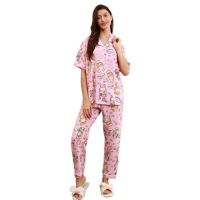 China Soft QUICK DRY pajamas fabric ladies carton pattern summer shorts Open-sleeves sleep suits home wear cotton nightgown for sale