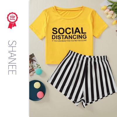 China SHANEE New Simple QUICK DRY QUICK DRY vertical stripes printed T-shirt shorts pajamas suit for women SP2103043-SPT-QS for sale