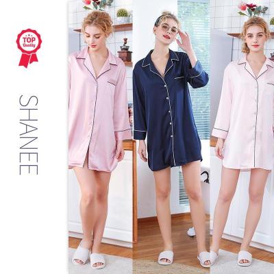 China SHANEE Satin Nightdress Female Summer Breathable Thin Loose Ice Silk Collar Dress Long Sleeve Shirt For Women ND2103127-NDL--NDS-QS for sale