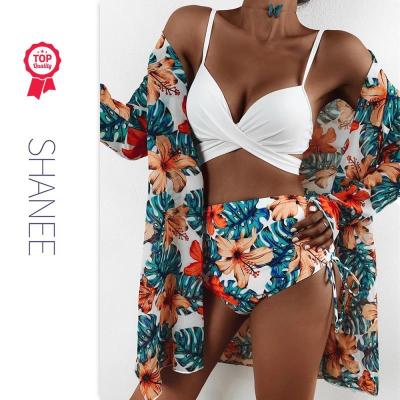 China SHANEE 3pack polyester floral tropical bikini swimsuit with kimono for women BK2103037 for sale