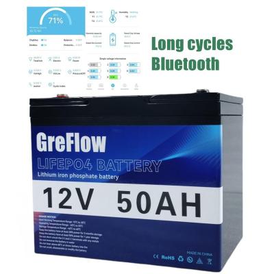 China Home Energy Storage Systems GreFlow OEM Deep Recycle 50ah 100ah 200ah lifepo4 lithium battery 12v battery with smart BMS for home storage for sale