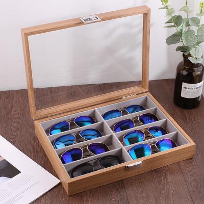 China Glasses Red Sandalwood Grain 8 Grid Glass Storage Box Sunglasses Storage Packaging General Display Box With Clear Glass Cover for sale