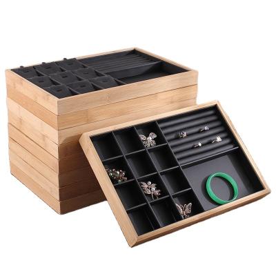 China Black and White Leather Jewelry Display Tray Ring Necklace Earring Pendant Multifunctional Wood Bamboo PU Leather for sale