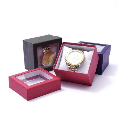 China Red And Black Hard Cardboard Morden Gift Box With Clear Skylight Bracelet Watch Storage Display Box for sale