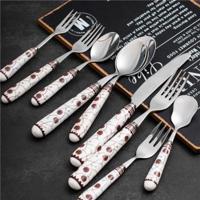 China Custom Viable Promotion Flatware Spoon Spoon And Knife Metal Fork Spoon Set Silver Plated Cutlery With Ceramic Handle for sale