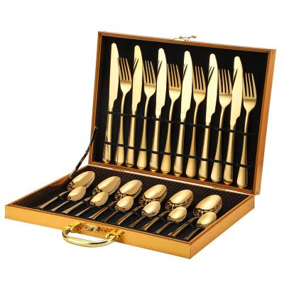 China Amazon Hot Viable Luxury Mirror Flatware Stainless Steel Spoon Knife Fork Cutlery Set 24pcs Polish Gold Cutlery Set With Wooden Box for sale