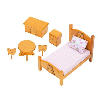 China Wooden Furniture Toy Set For Toddler Mini Toy Cabinet Wooden Doll House Accessories Mini Furniture Bedroom Model Bed for sale