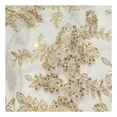 China Breathable High Quality Paillette Gold Sliver Embroidery Mesh Fabric For Dress Women Shirt Dance Dress Cloth for sale