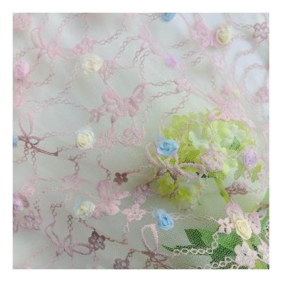 China New Design Breathable 3D Floral Lace Up Embroidery Fabric Wedding Dress Lace Up Fabric For Bridal Dress for sale