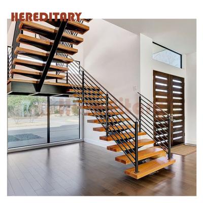 China Minimalist Prefab Indoor Wooden Steps Pipe Fencing Staircase Metal Stringers Staircase For Sale for sale