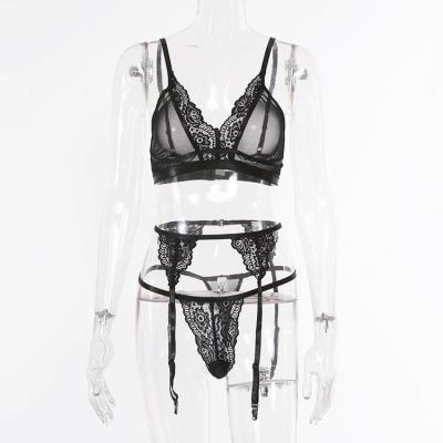 China 2022 Wholesale Hot Selling Breathable Quick Dry Comfortable Breathable 2022 Lace Up Sexy Hollow Out Lingerie Three Pieces Set Hot Ladies Sexy Underwear for sale