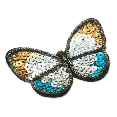 China Viable Price High Quality Blue Bulk Good Glitter Custom Iron On Embroidery Patch Butterflies for sale