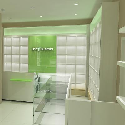 China Modern Stylish Medical Shop Display Shelf Retail Tailor Pharmacy Design Store Showroom Furniture Interior Decoration for sale