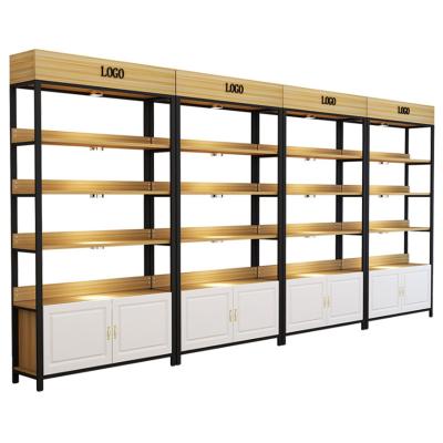 China Modern Custom Wooden Wall Shop and Makeup Display Wall Factory Shelves Cosmetic Display Cabinet for sale