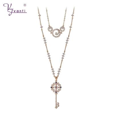 China Office/Career Fashion Vanfi Shape Cubic Zirconia Stone Ladies Long Rose Gold Plated Women Layered Jewelry Necklace for sale