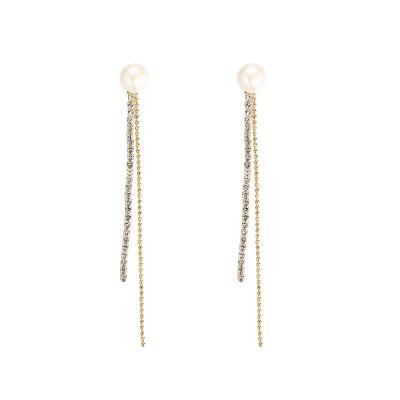 China FASHIONABLE VANFI Plated 18k Color Pearl Earrings Gold Pearl Chain Long Rhinestone Tassel Stone Earrings for sale