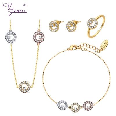 China VANFI Three Tone Color CZ Stone TREND Ring Bracelet Chain Necklace and Earrings Fashion Jewelry Sets Women Ladies for sale