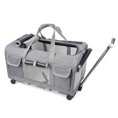 China Polyester Fiber Cat Bag Portable Removable Large Capacity Pet Crate Universal Wheel Foldable Pet Cart Bag for sale