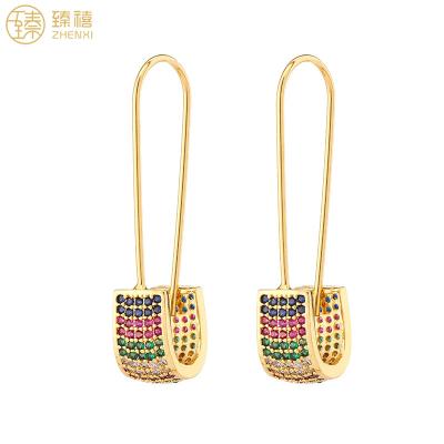 China Zhenxi Zircon Stone Design C.I.S. Style Fancy Pin Hoop Brass 18k Colored Environmentally Friendly Gold Plated Earrings For Women for sale