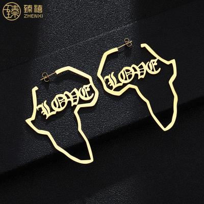 China From Zhenxi Environmentally Friendly Large African Map Earrings Big Africa Stainless Steel Map Fancy Gold Earrings For Women And Men Daily Wear for sale