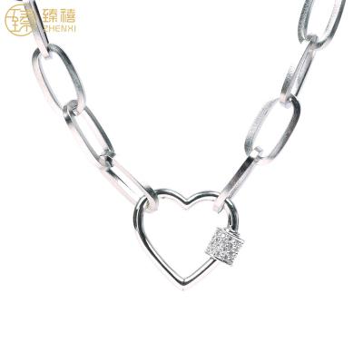 China ZHENXI Colorful Zircon Stone Heart Shape Clasp Environmental Friendly Stainless Steel Silver Plated Hip Hop Punk Necklace For Women And Men for sale