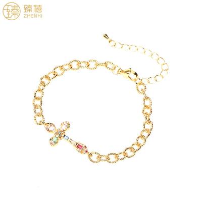 China ZHENXI CLASSIC 18K Copper Gold Plated Chunky Link Chain Colorful Zircon Stone Cross Charm Dangle Bracelet for Women and Girls for sale