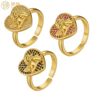 China Zhenxi Environmental Friendly Heart Shape Angel Colorful Zircon Stone Open Ring Brass with 18K Gold Plated for Women and Men Daily Wear for sale