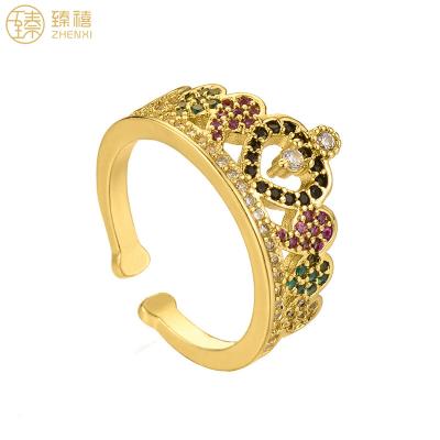 China Environmental Friendly Zhenxi Zircon Stone Crown Design Colorful Ring Brass 18K Gold Plated Micro Paved Adjustable Open Ring For Women Girls Gift for sale