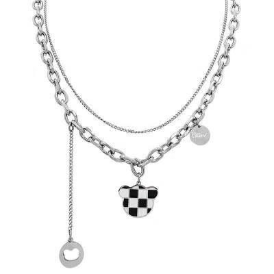 China Yiwu environment-friendly Xixi luxury chain covered with checkerboard small bear texture necklace Europe and America commercial new double layer for sale