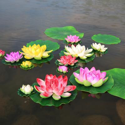 China Fashional Artificial Flowers Floating Lotus Flower Waterproof Fake Floating Flower Decorative Artificial Plant Flower Pond Decoration With Leaves for sale