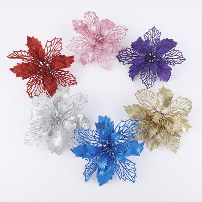 China 2022 Artificial Sticky Handwork Christmas Glitter Poinsettia Flower Christmas Powder Flower For Christmas Ornament Flower Decoration for sale