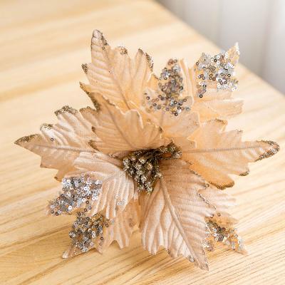 China Handwork Hot Selling 3D Glitter Christmas Tree Decoration Flower Head Silver Red Artificial Christmas Flower for sale