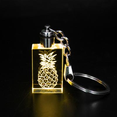 China Islam Laser Engraving Custom Fruit Logo Pineapple Pattern Led Rectangle Crystal Keychains for sale