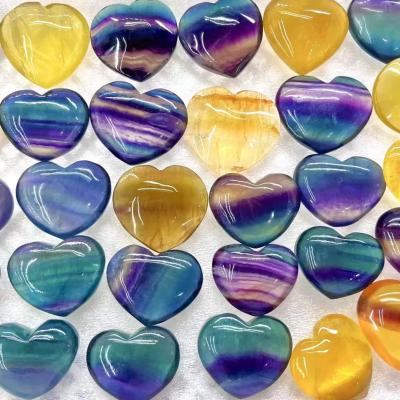 China China Hand Carved 2.5 to 3.5cm Natural Rainbow Fluorite Flat Back Heart Shaped Crystal Stone Small Size Hearts Carving For Pendant for sale