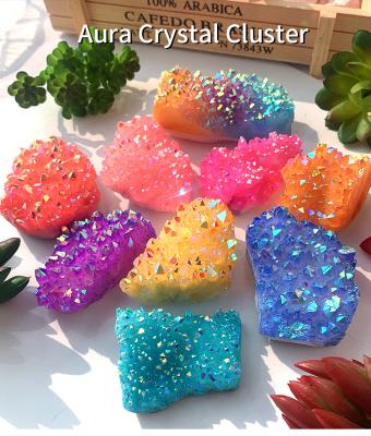 China Environmental Friendly Natural Aura Clear Quartz Rainbow Crystal Cluster Angel Aura Raws Quartz Cluster for sale