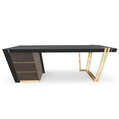 China Office Furniture Leather Top Italian Modern Luxury Desk With Stainless Steel Leather Frame Gold Covers Solid Office Set Furniture for sale