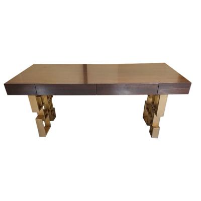 China Modern Home Office Office Furniture Gold Stainless Steel Wooden Top Base Long Desk Table I Shape Desk With Drawers for sale