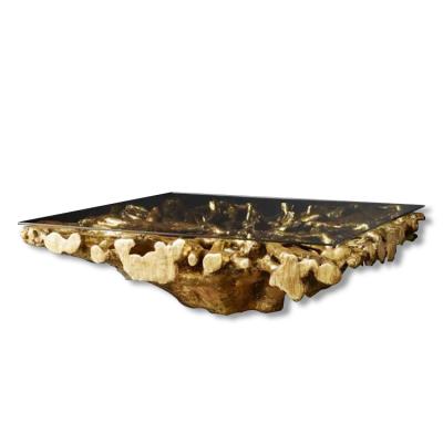 China Tree Stump Base Customized Design Chinese Style Log Retro Simulation Natural Wood Root Carving Decoration Modeling Metal Tea Table Furniture for sale