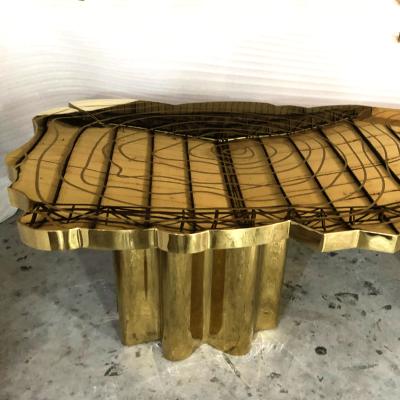 China Large Warm Shine Gold Frame Gold Plated Mirror Around Metal Marble Top Dining Table For Dining Room for sale