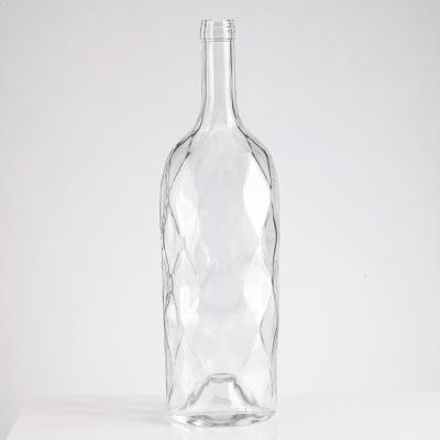 China Beverage Distillery Use 1.5L Long Neck Exquisite Emboss Premium Liquor Glass Bottles Clear Frosted Decal for sale